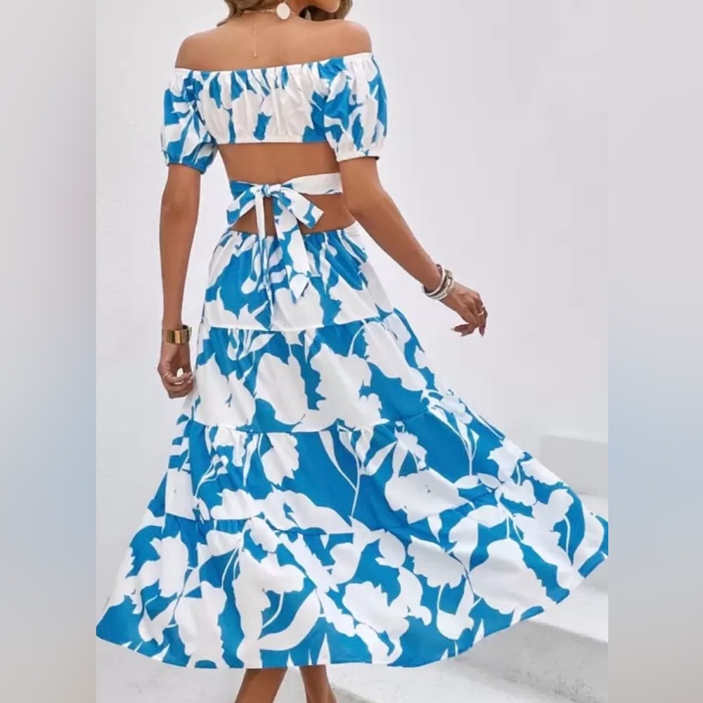 Elegant Blue Floral Spring wedding guest dress Off-Shoulder Boho maxi M NWOT - Picture 3 of 7